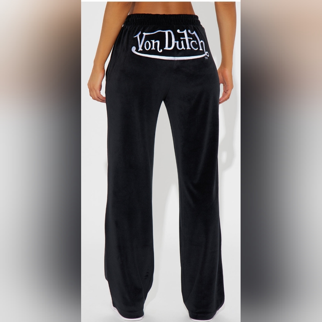 Von Dutch Black Velour Wide Leg Pants
